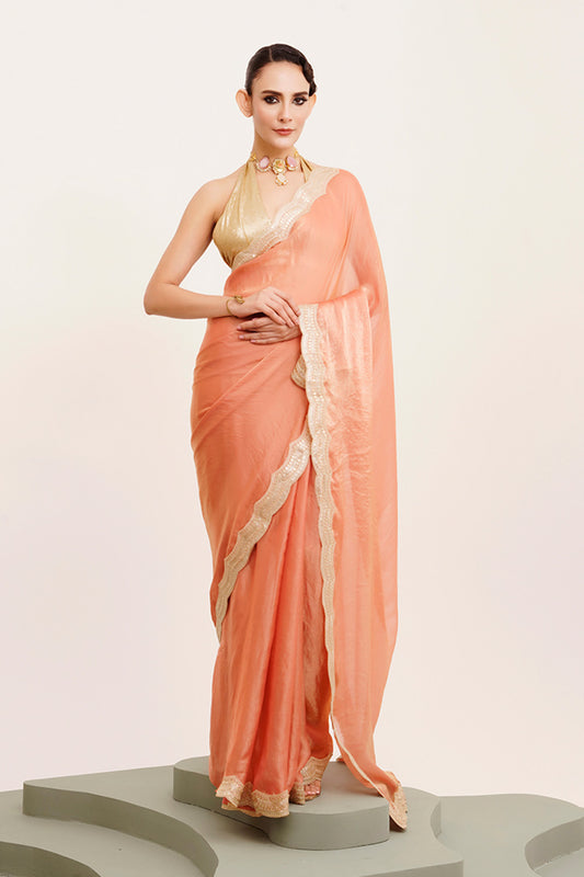 Peach Sequinned Satin Saree With Blouse
