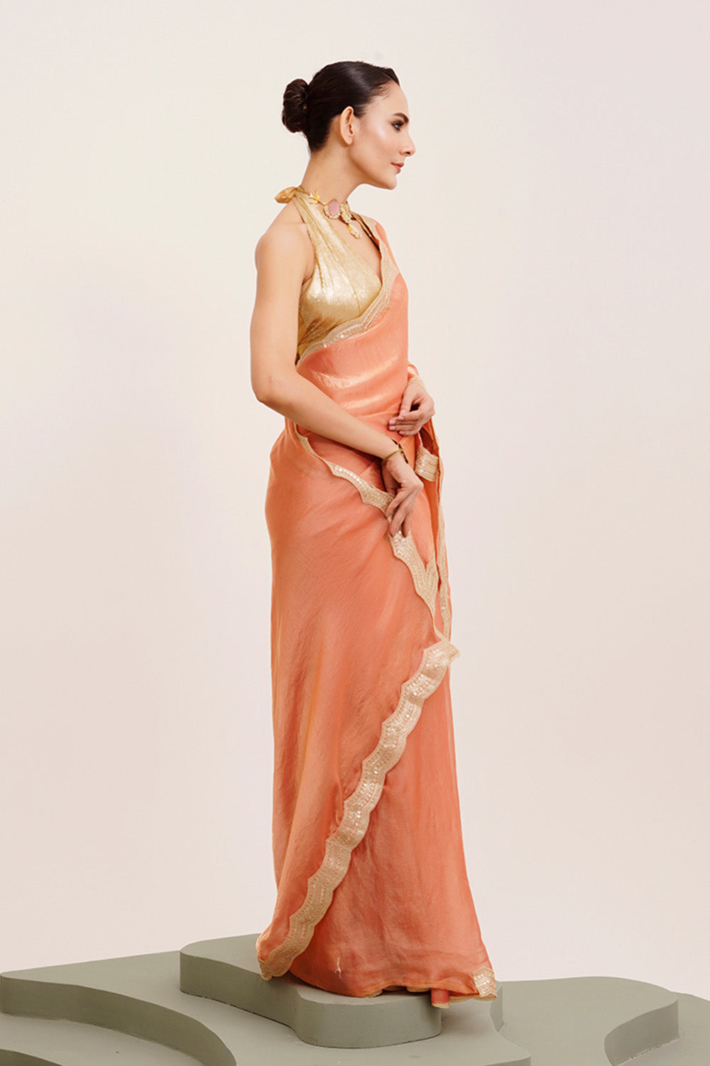 Peach Sequinned Satin Saree With Blouse