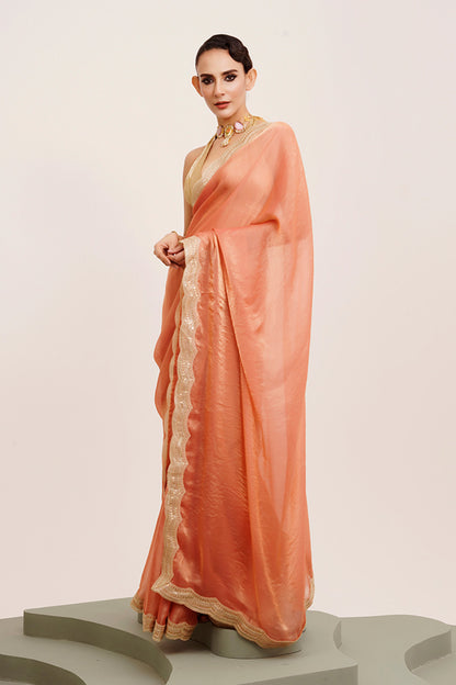 Peach Sequinned Satin Saree With Blouse