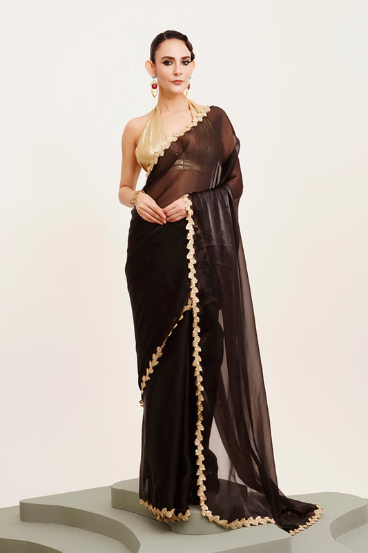 Black Sequinned Organza Saree With Blouse