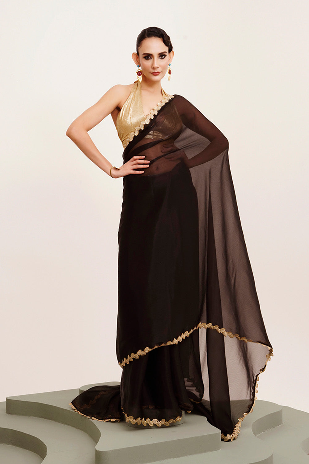Black Sequinned Organza Saree With Blouse