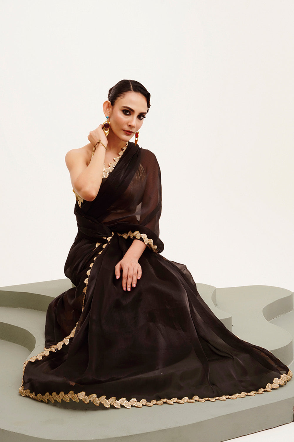 Black Sequinned Organza Saree With Blouse