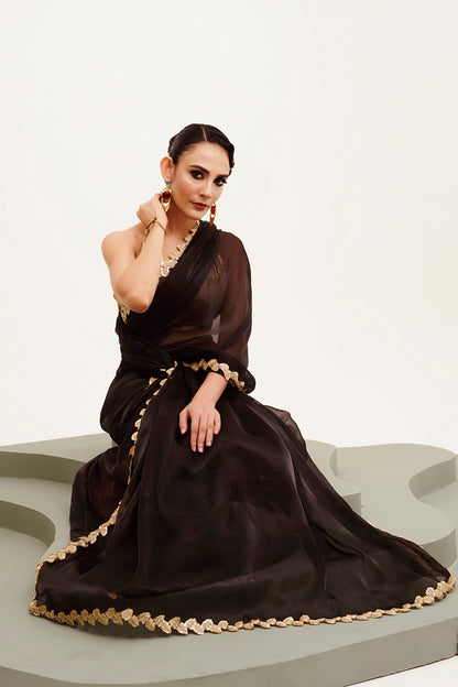 Black Sequinned Organza Saree With Blouse