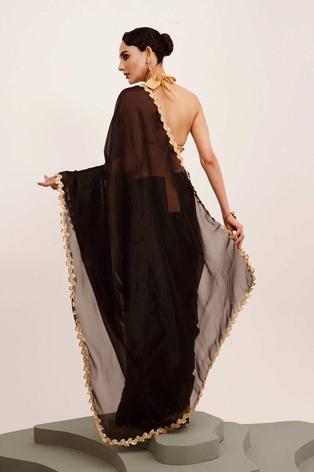 Black Sequinned Organza Saree With Blouse