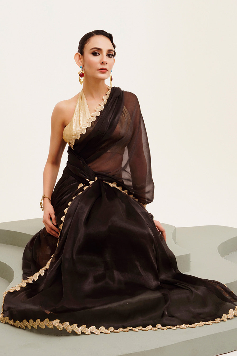 Black Sequinned Organza Saree With Blouse