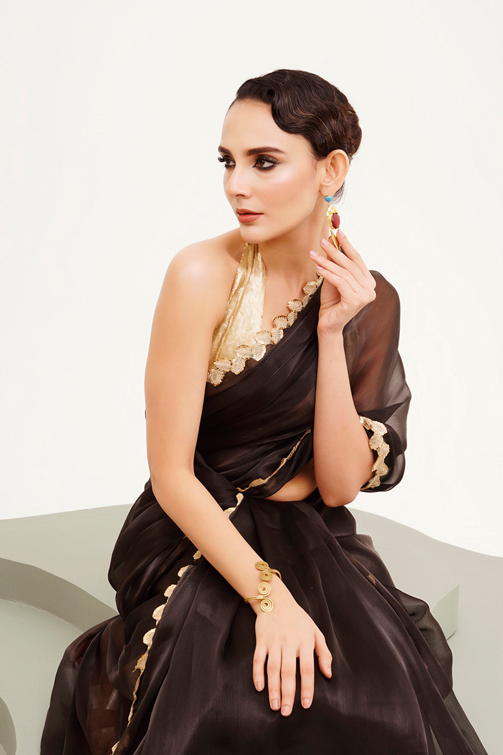 Black Sequinned Organza Saree With Blouse