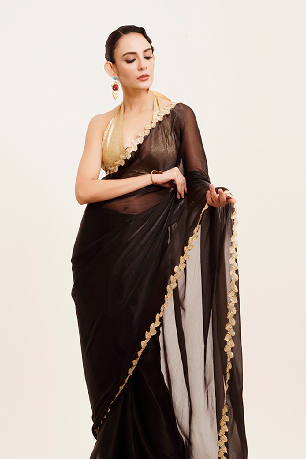 Black Sequinned Organza Saree With Blouse