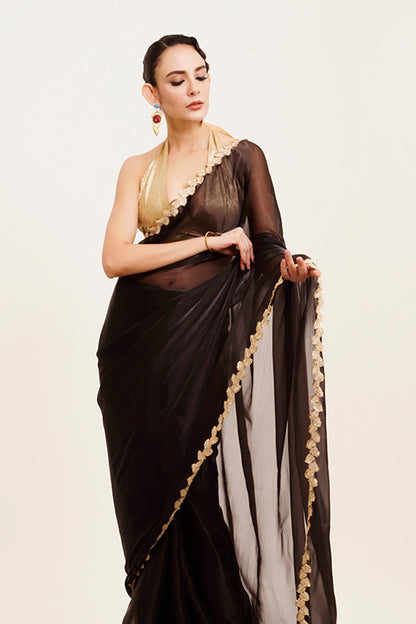 Black Sequinned Organza Saree With Blouse