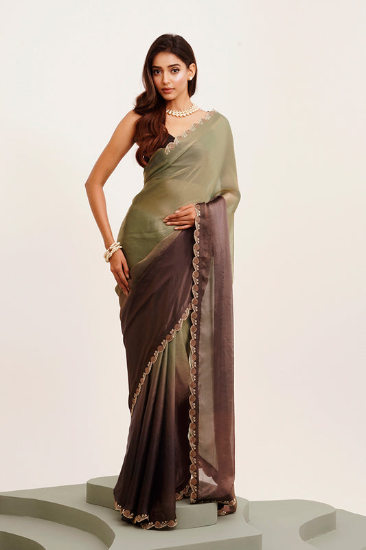 Grey & Brown Multicolor Bead And Stones Satin Saree With Blouse