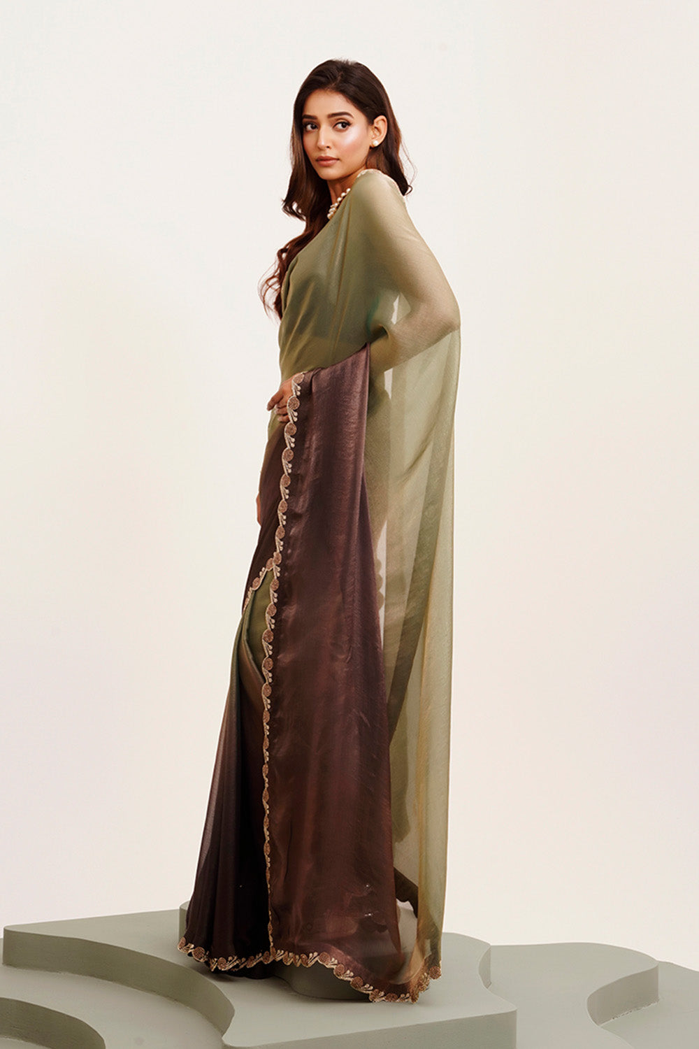 Grey & Brown Multicolor Bead And Stones Satin Saree With Blouse