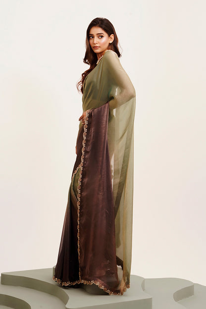 Grey & Brown Multicolor Bead And Stones Satin Saree With Blouse
