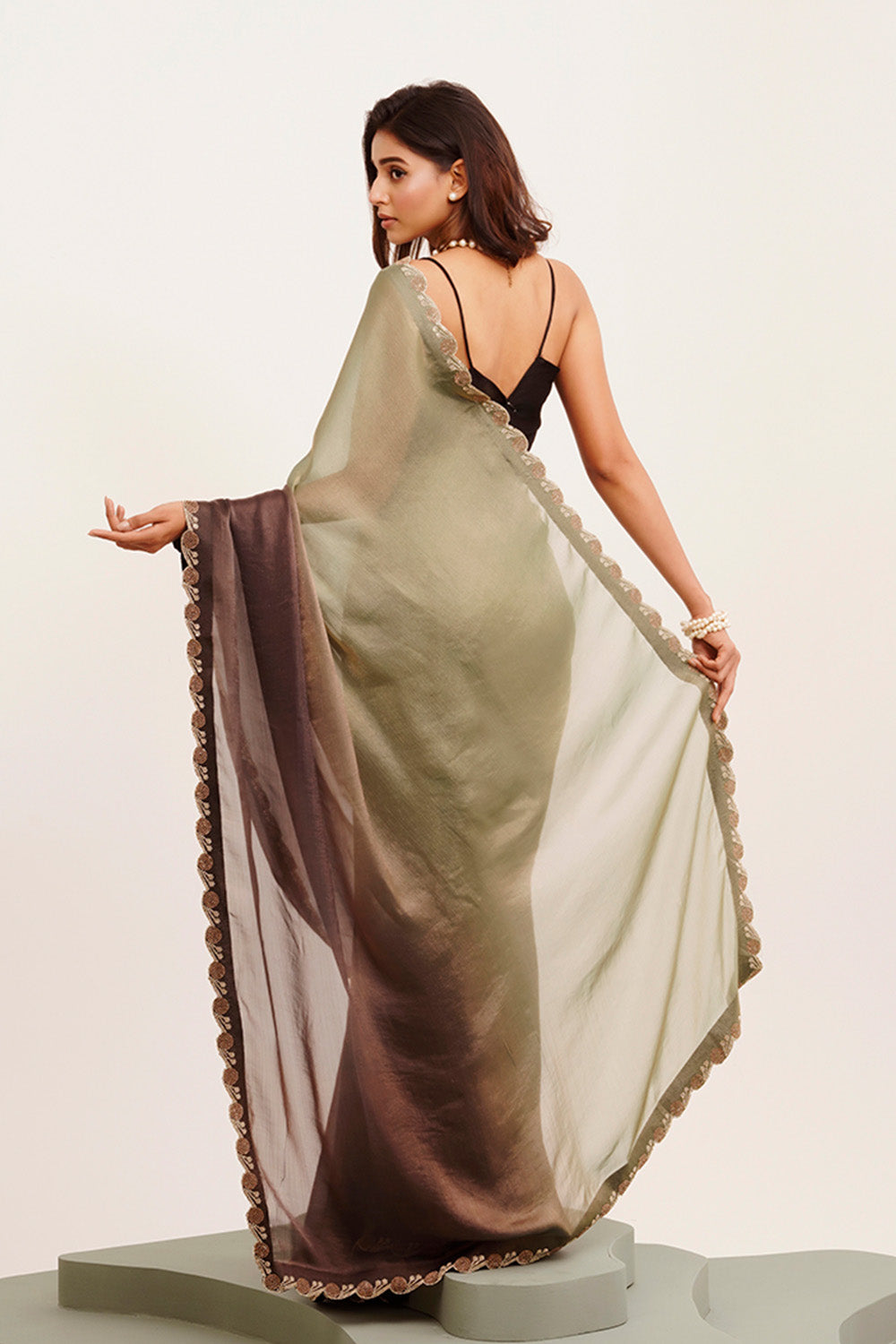Grey & Brown Multicolor Bead And Stones Satin Saree With Blouse