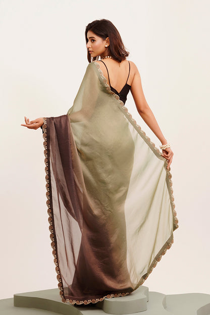 Grey & Brown Multicolor Bead And Stones Satin Saree With Blouse