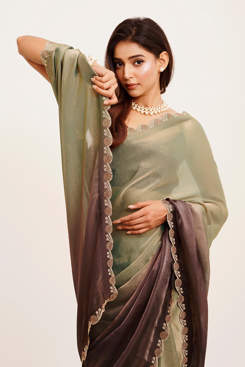 Grey & Brown Multicolor Bead And Stones Satin Saree With Blouse