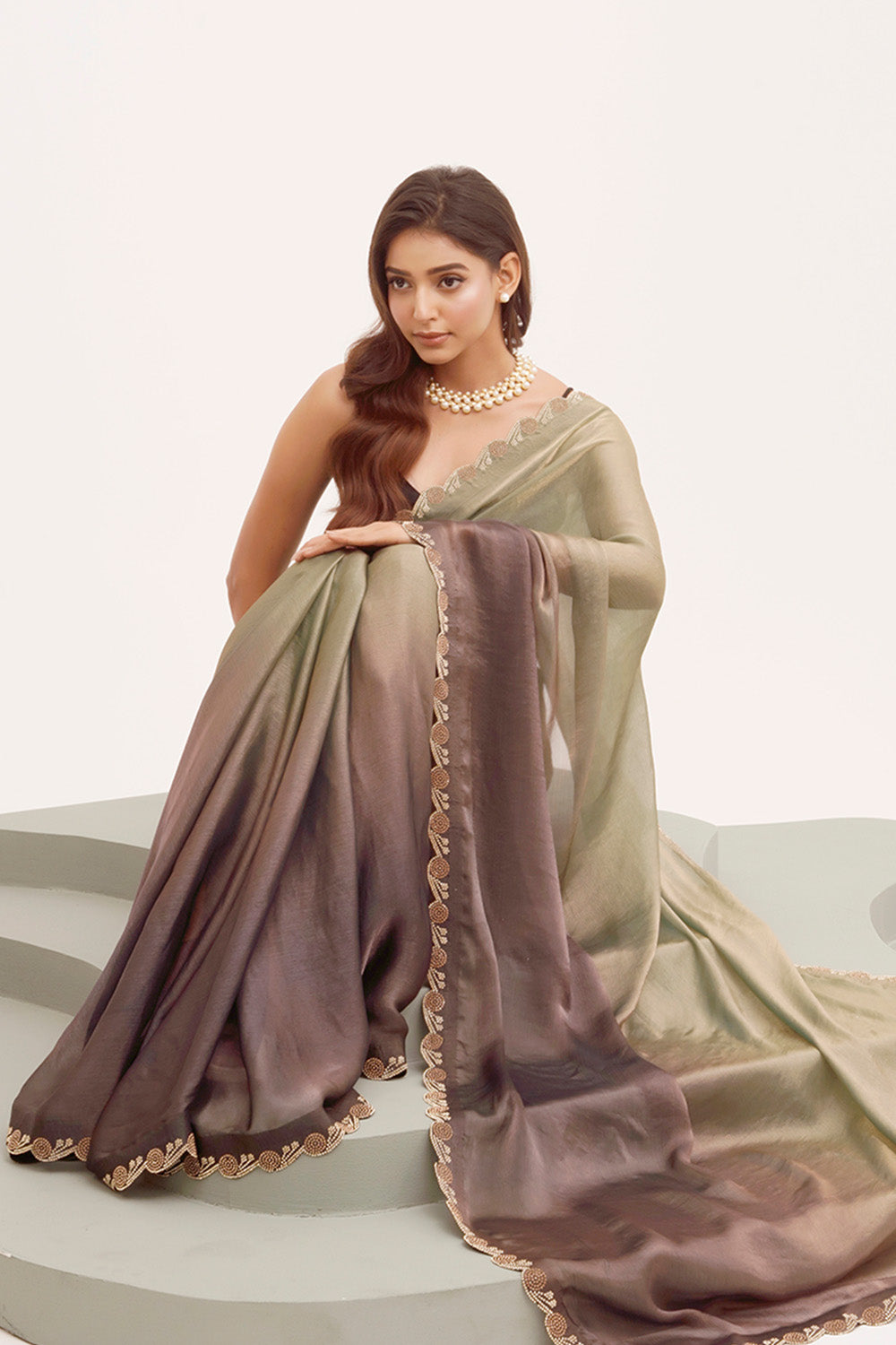 Grey & Brown Multicolor Bead And Stones Satin Saree With Blouse
