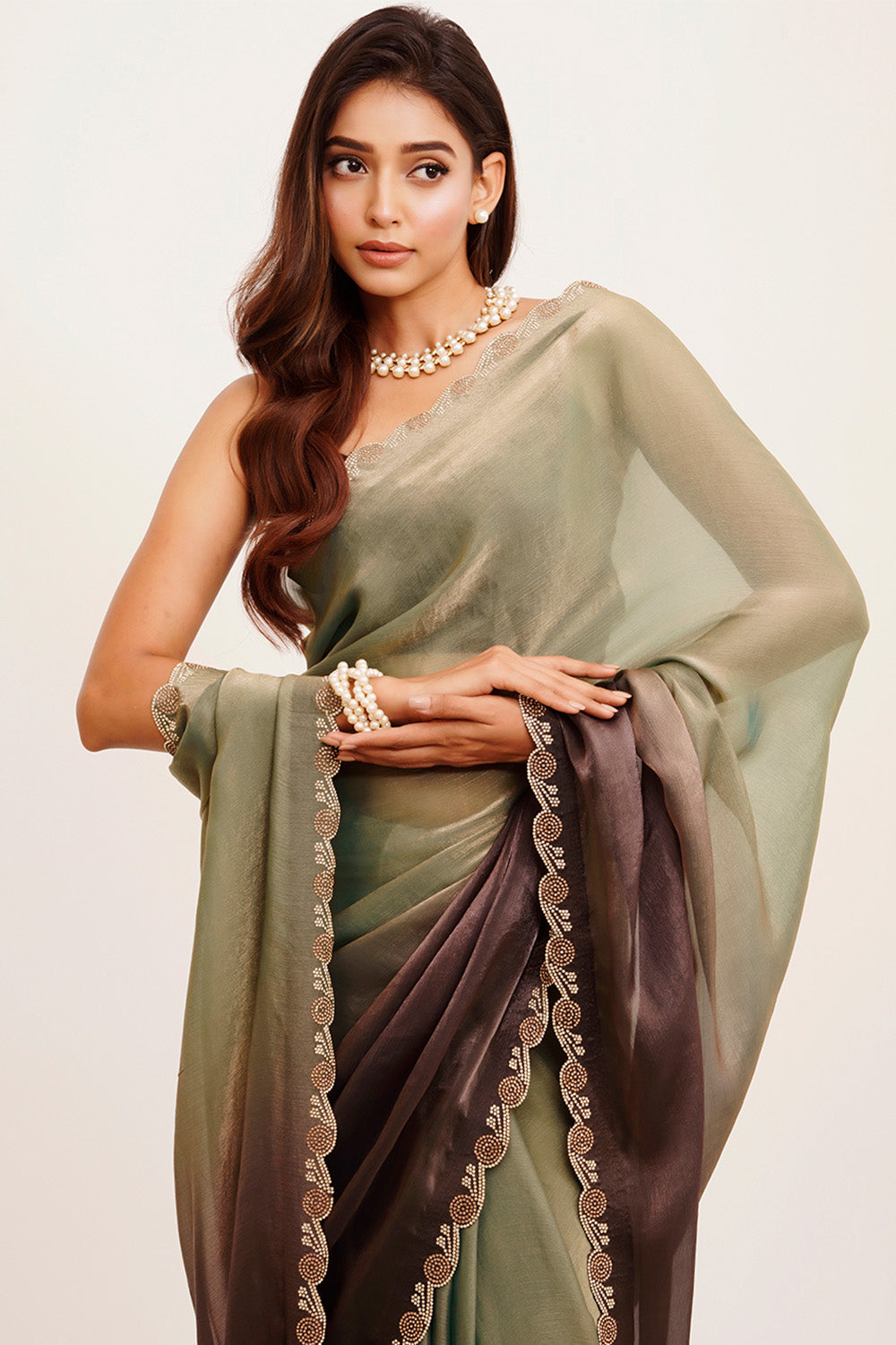 Grey & Brown Multicolor Bead And Stones Satin Saree With Blouse