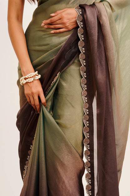 Grey & Brown Multicolor Bead And Stones Satin Saree With Blouse