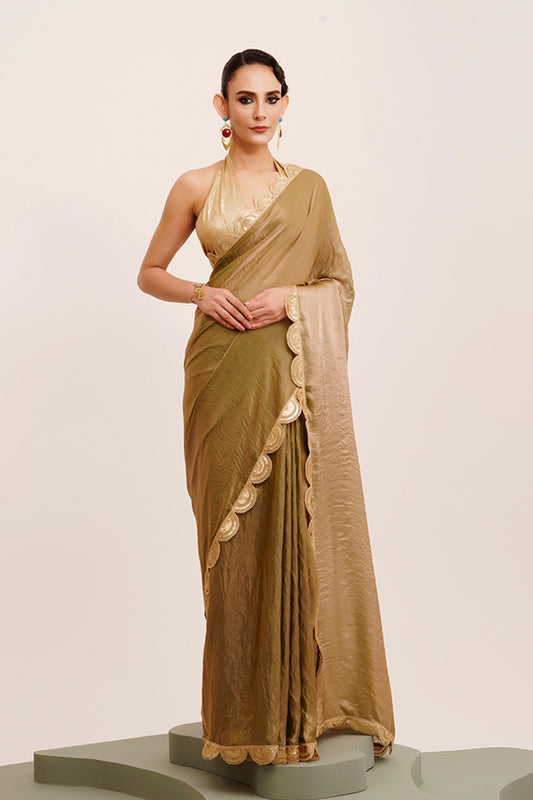 Metallic Golden Green Sequinned Tissue Saree With Blouse