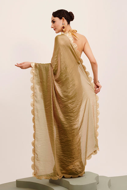 Metallic Golden Green Sequinned Tissue Saree With Blouse