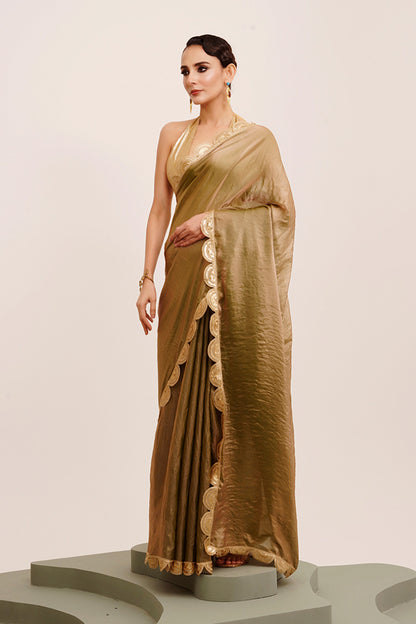Metallic Golden Green Sequinned Tissue Saree With Blouse