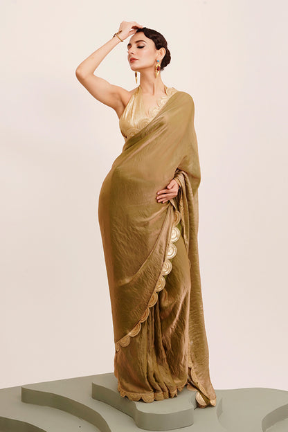 Metallic Golden Green Sequinned Tissue Saree With Blouse
