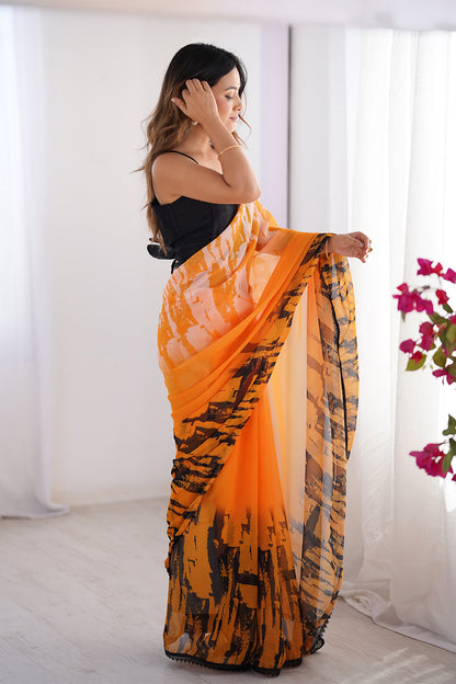 Orange Printed Chiffon Saree With Blouse