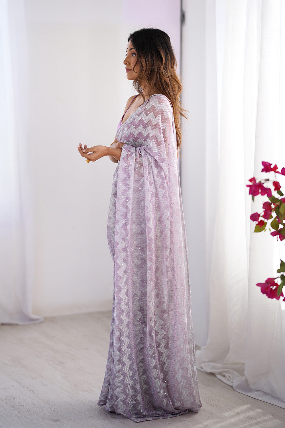 Lavender Sequinned Lycra Saree With Blouse