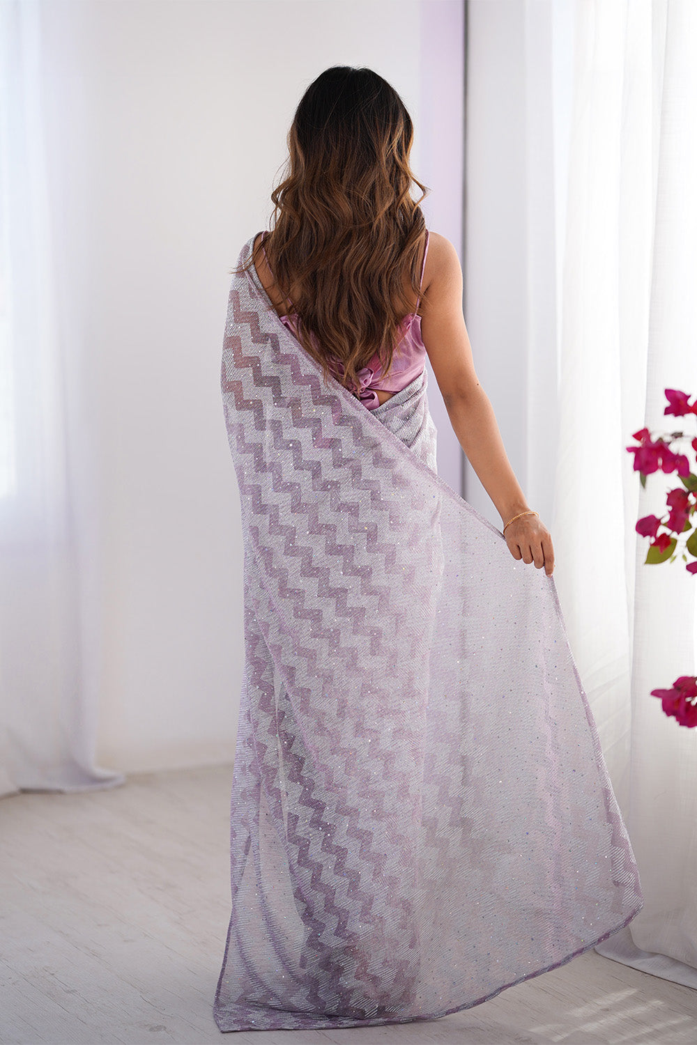 Lavender Sequinned Lycra Saree With Blouse