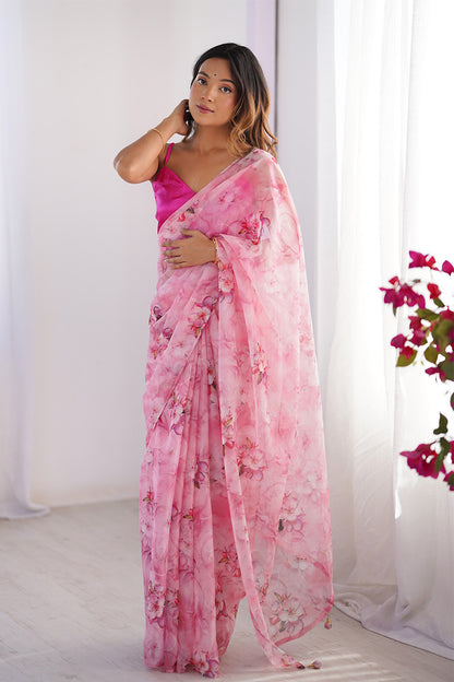 Pink Floral Printed Organza Saree With Blouse
