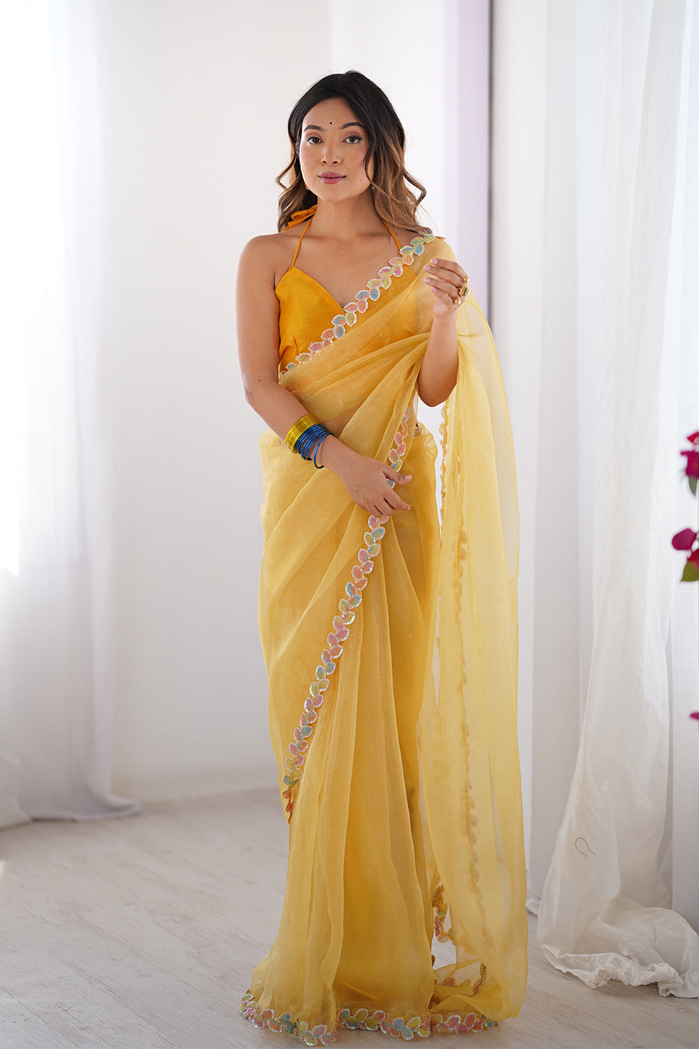 Yellow Sequinned Organza Saree With Blouse