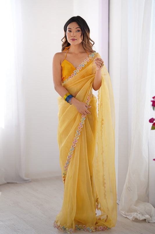 Yellow Sequinned Organza Saree With Blouse