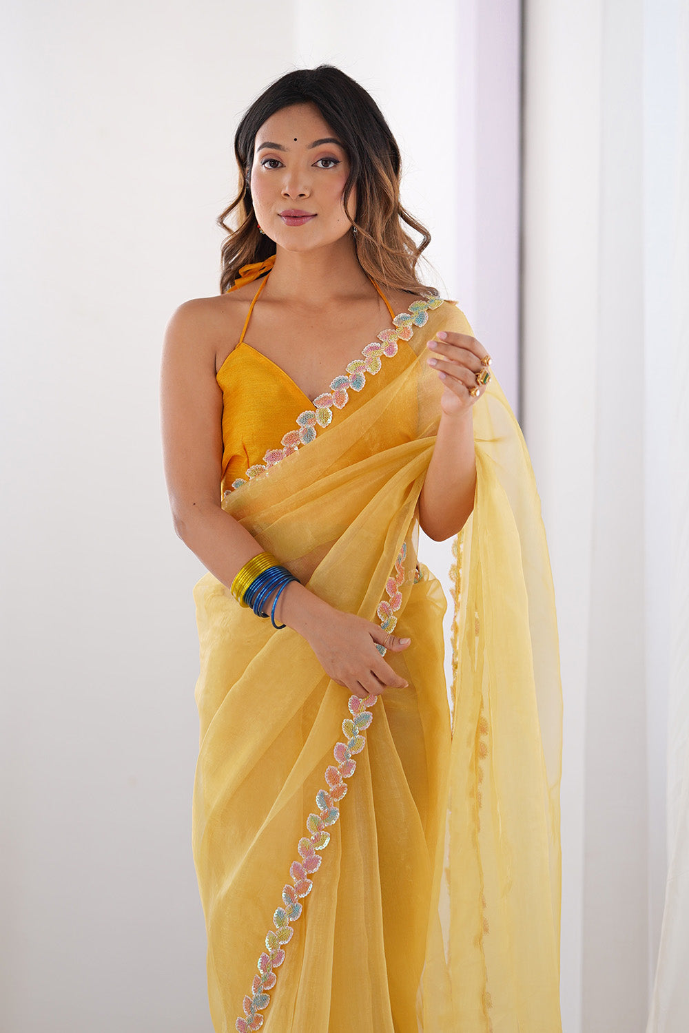 Yellow Sequinned Organza Saree With Blouse