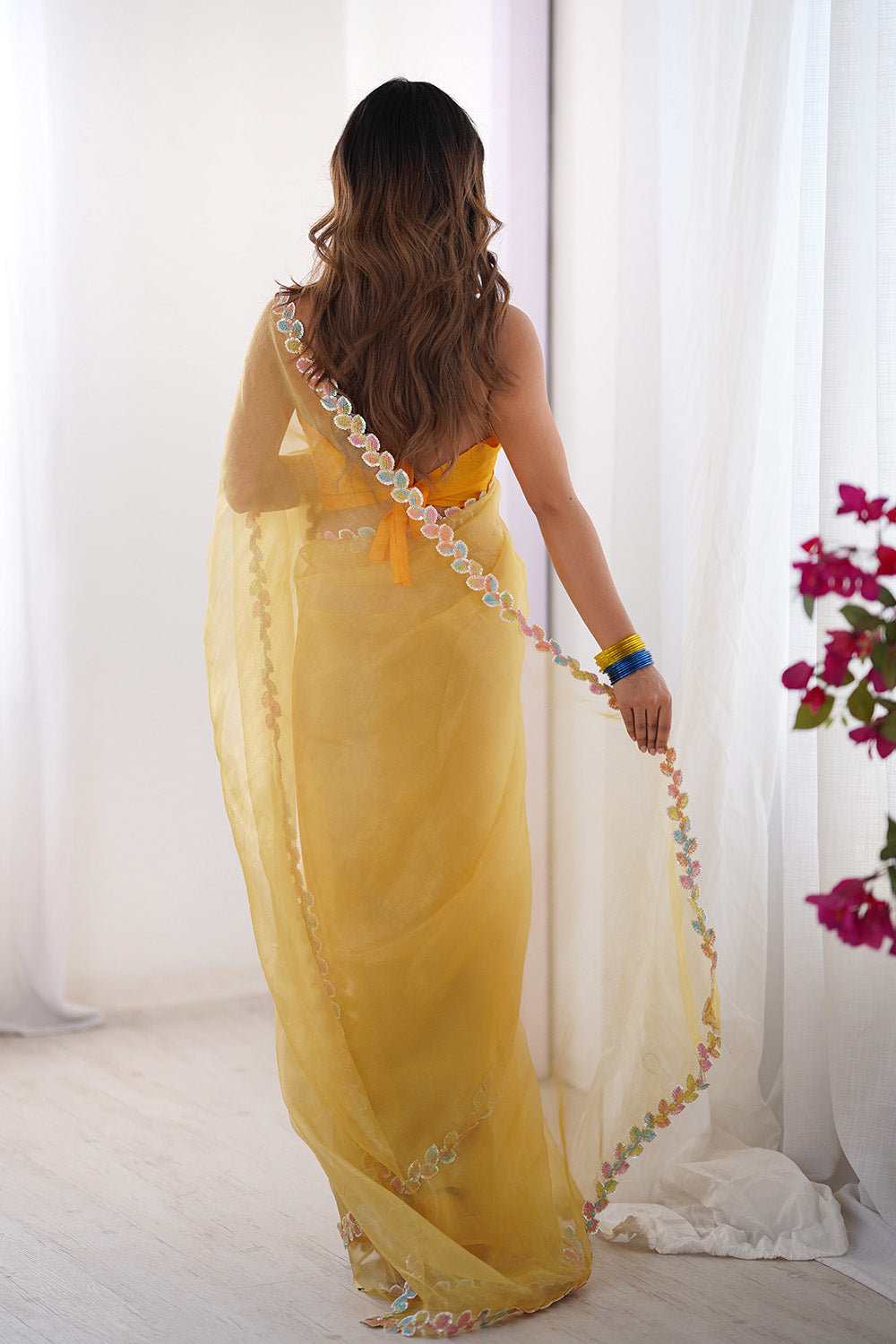 Yellow Sequinned Organza Saree With Blouse