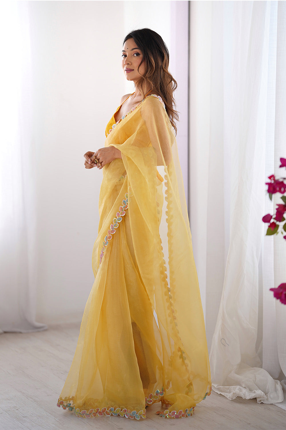 Yellow Sequinned Organza Saree With Blouse