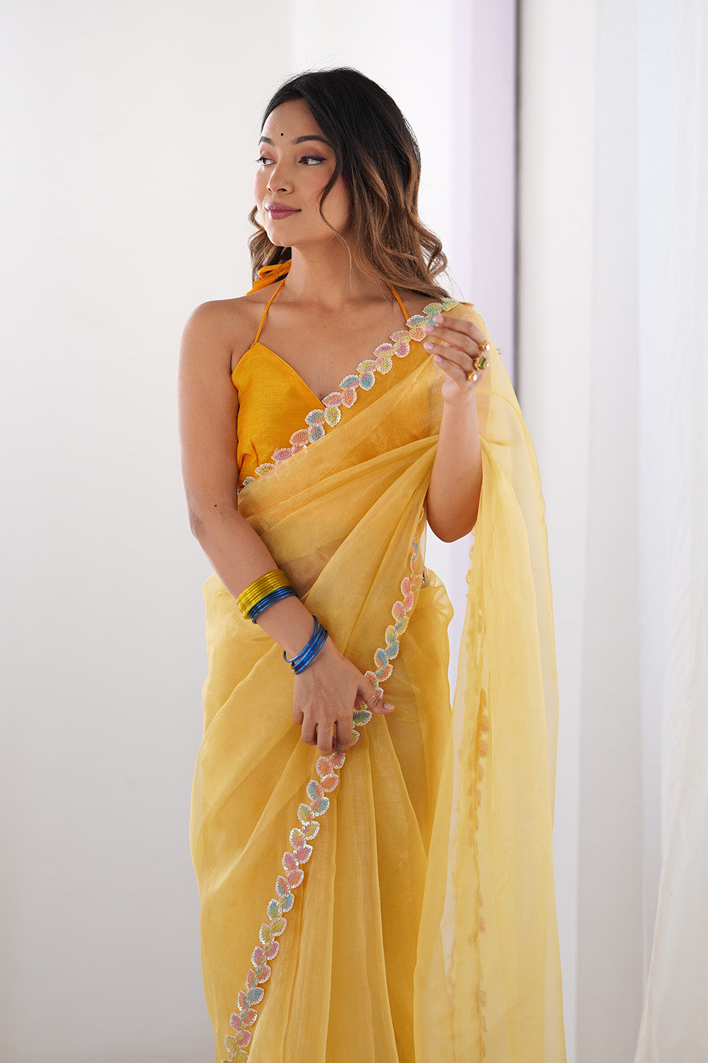 Yellow Sequinned Organza Saree With Blouse