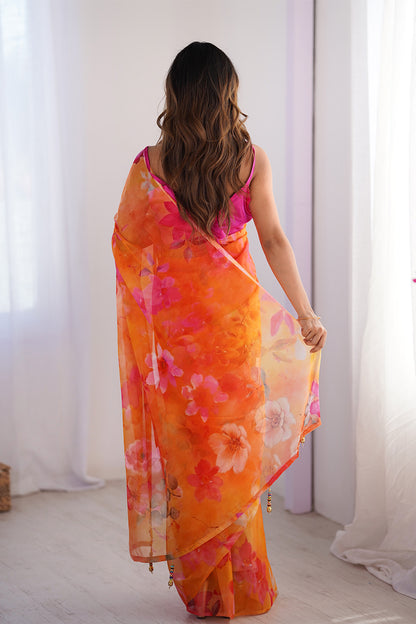 Orange Floral Organza Saree With Blouse