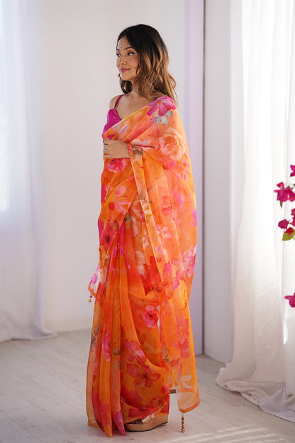 Orange Floral Organza Saree With Blouse