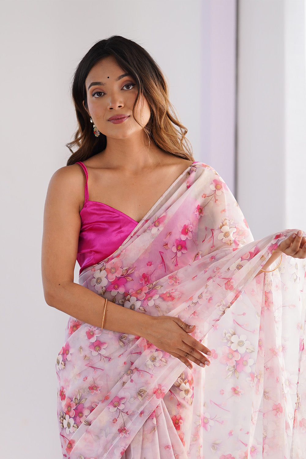 Pink Floral Printed Organza Saree With Blouse