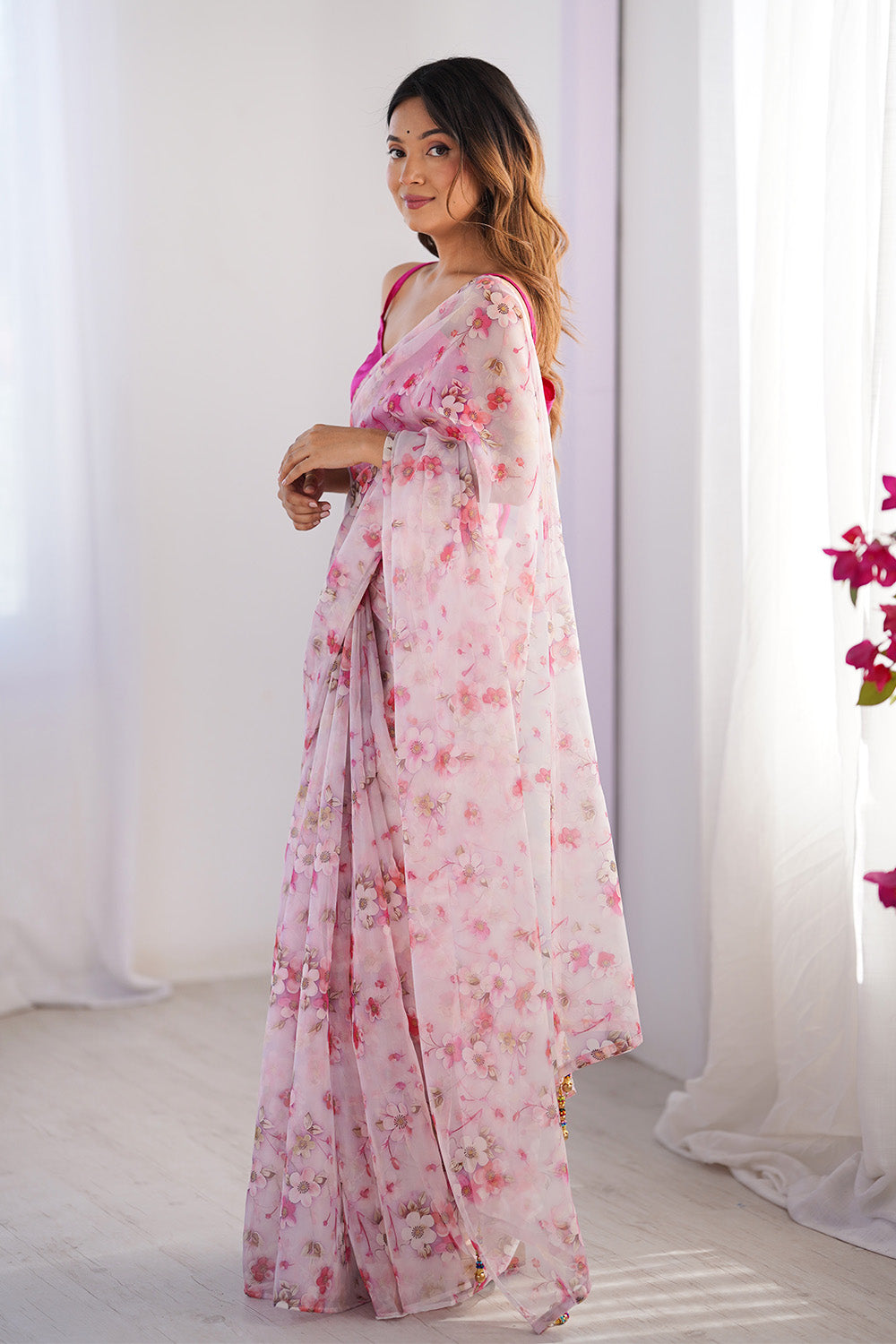 Pink Floral Printed Organza Saree With Blouse