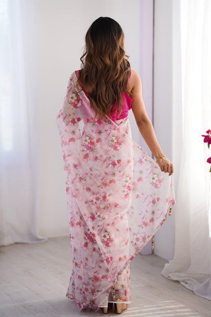 Pink Floral Printed Organza Saree With Blouse