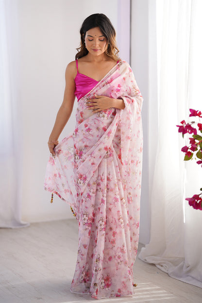 Pink Floral Printed Organza Saree With Blouse