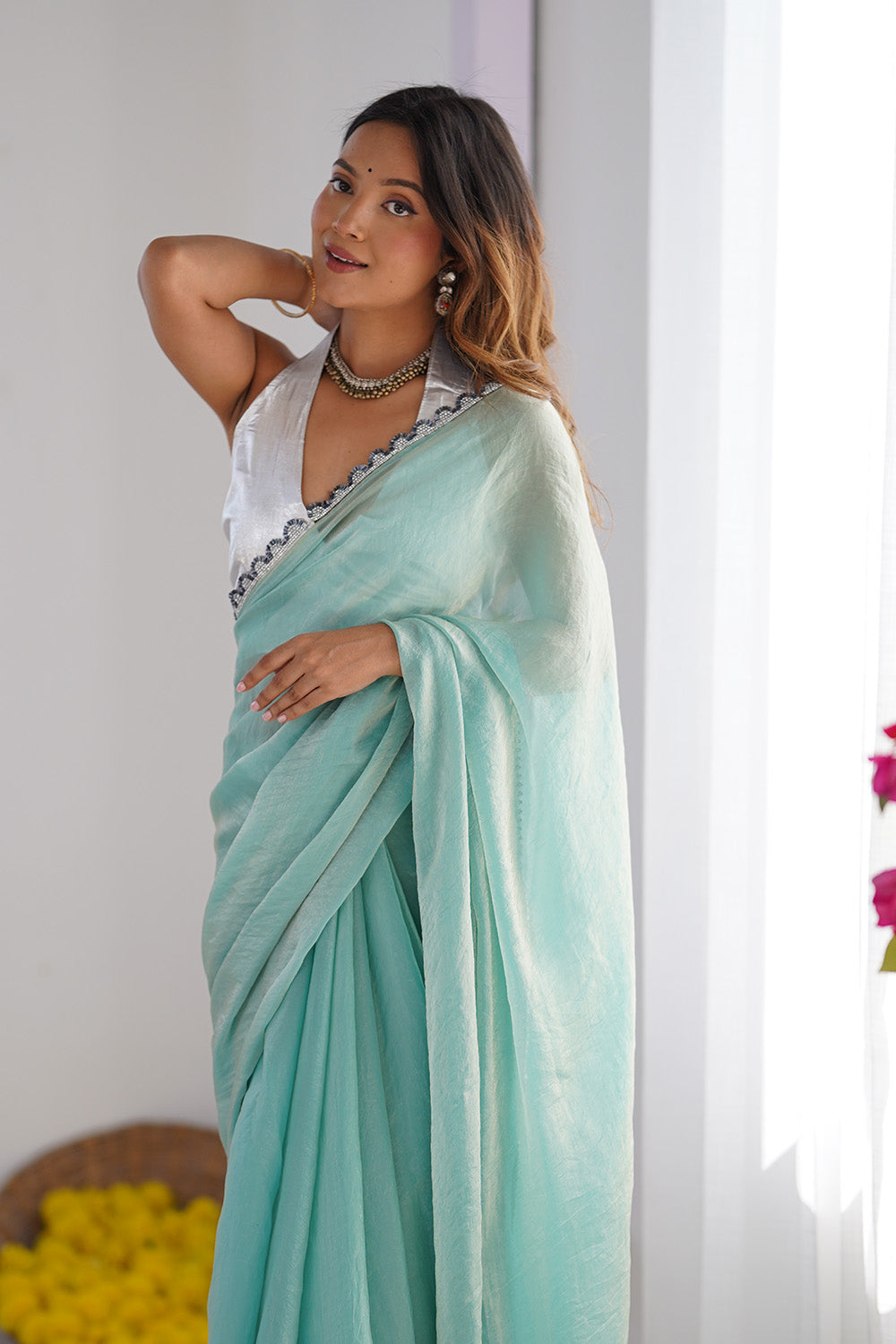 Turquoise Blue Sequinned Saree With Blouse