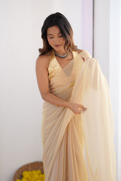 Beige Solid Saree With Blouse