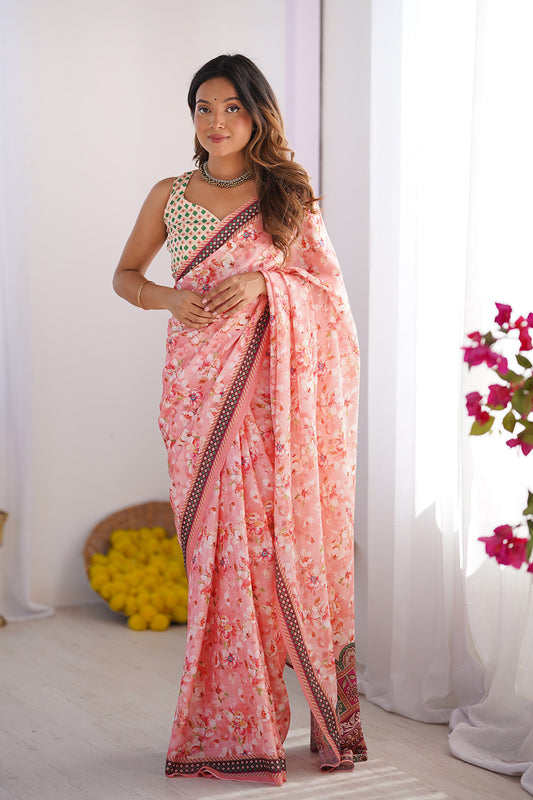 Peach Floral Chiffon Saree With Blouse