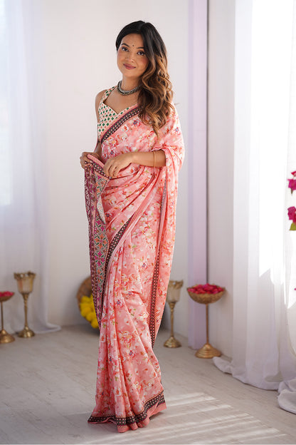 Peach Floral Chiffon Saree With Blouse