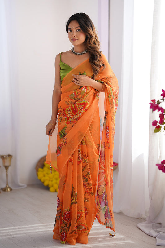 Orange Floral Organza Saree With Blouse