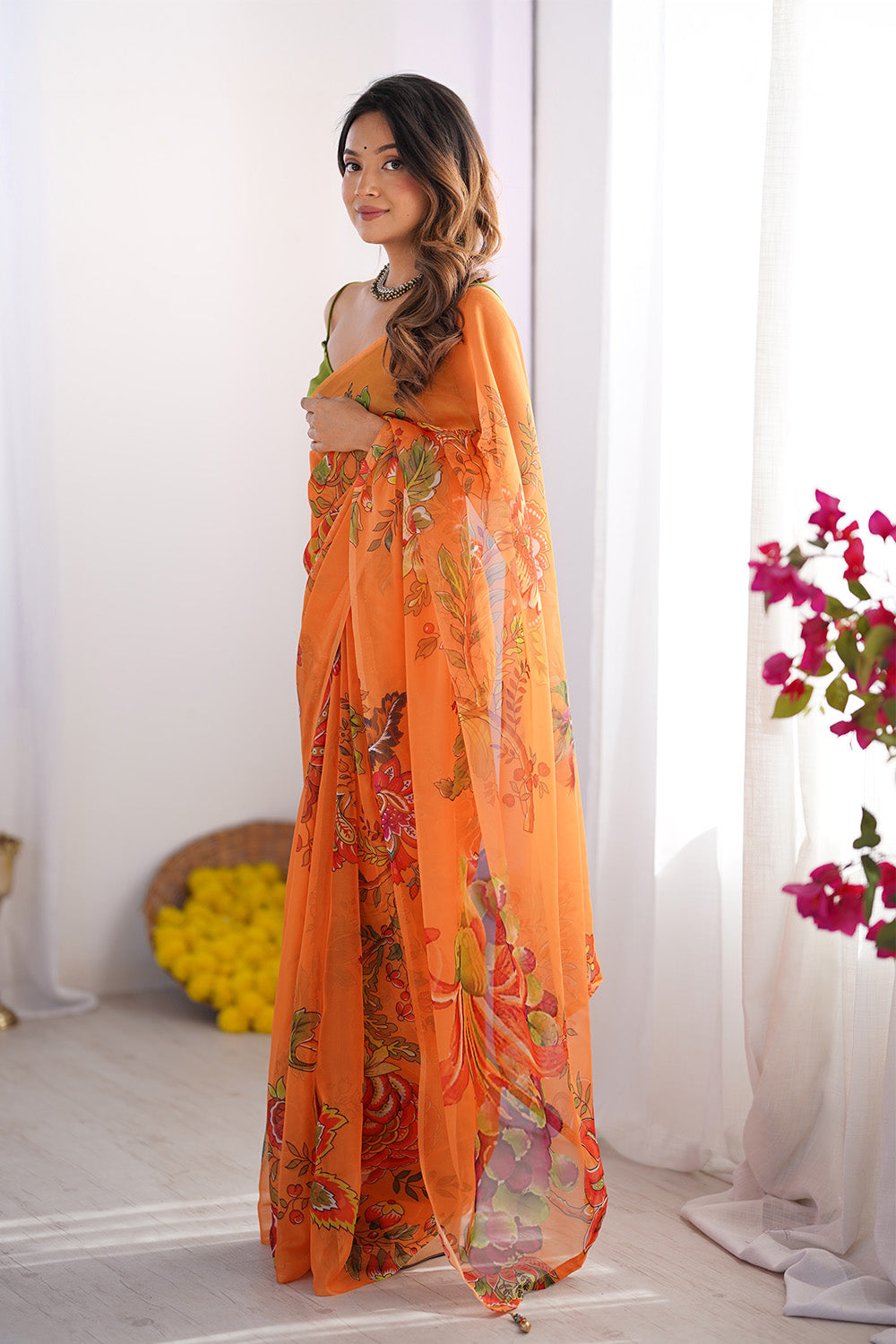 Orange Floral Organza Saree With Blouse