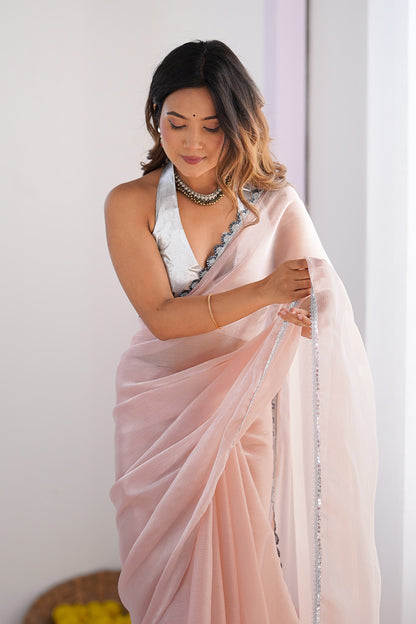 Pink Sequinned Organza Saree With Blouse