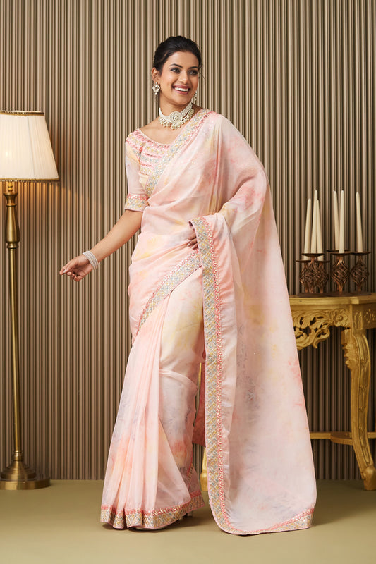 Pink Embroidered Organza Saree With Blouse