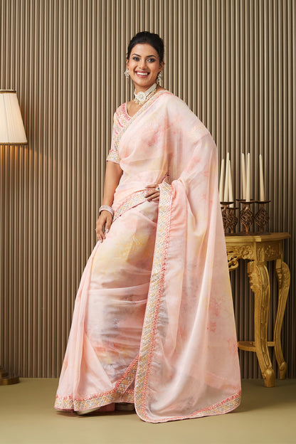 Pink Embroidered Organza Saree With Blouse